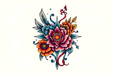 Colorful floral tattoo design with intricate details, featuring large blue and pink flowers accented by orange blooms and swirling leaves on a white background