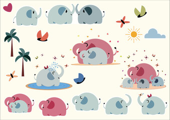 Cute baby elephant with family and surroundings.