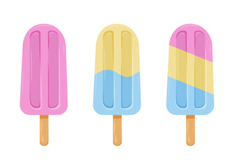 Three colorful popsicles in pastel colors await a warm summer day.