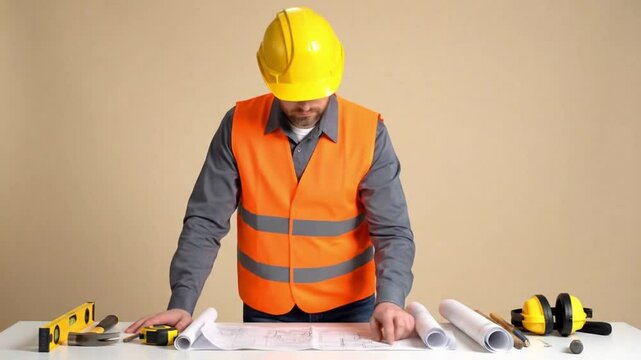 A construction worker wearing a safety vest and hard hat reviewing blueprints on a white surface table