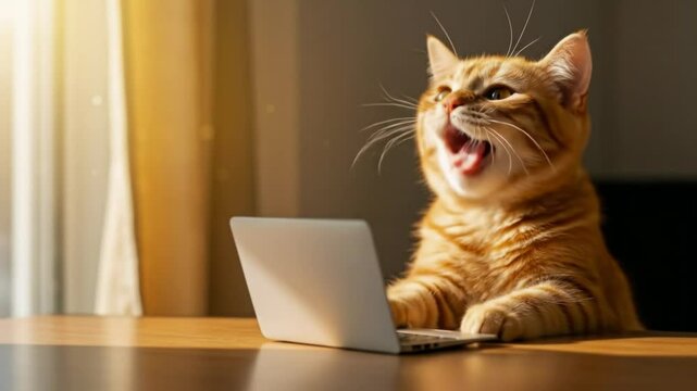Cute orange tabby cat working on a miniature laptop at a wooden table. Funny ginger kitten typing on computer in sunlight. Pet humor and remote work concept.