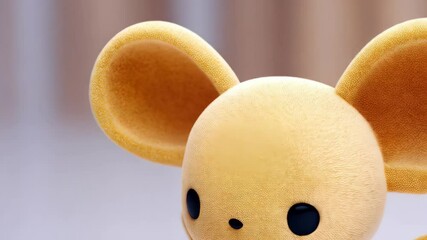 Cute cartoon character with large ears and wings, standing against blurred background, soft textures and adorable design. - Powered by Adobe