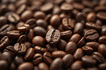 Close-up of roasted coffee beans, showcasing their rich brown color and intricate details. A delightful image for coffee lovers!