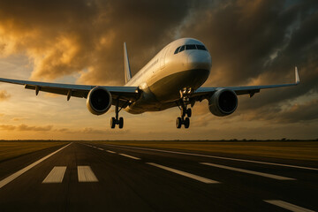 Obraz premium A plane taking off from an airport runway.