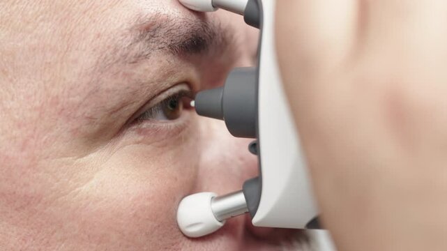 Close-up of eye pressure measurement with a modern applanation tonometer. Concept of ophthalmologic diagnostics and modern technologies.