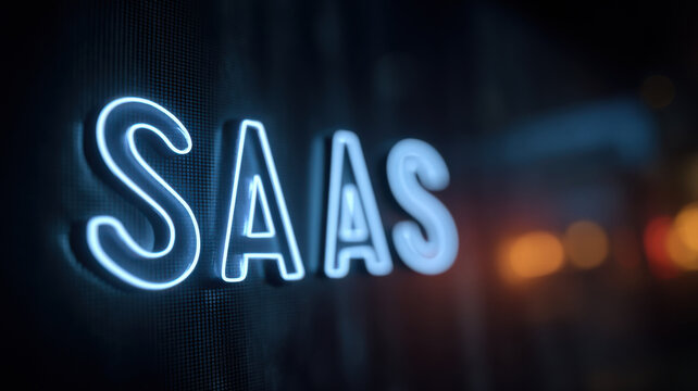 "SaaS neon sign against a blurry backdrop, showcasing a modern business concept
