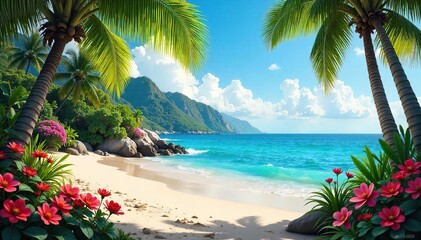 Fototapeta premium Serene coastal garden scene featuring lush foliage, vibrant flowers, and sandy beach elements Perfect for relaxation, vacation, or travel themes Sun-drenched paradise , pebbles, paradise