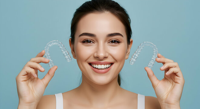 Smiling woman showing clear aligners for perfect teeth straight smile healthy teeth dental care teeth whitening orthodontics