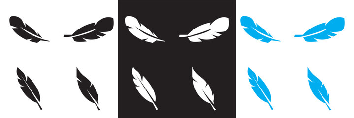  Bird Feather icon.  Black, white and blue quill feather icon. Vector for websites, mobile interfaces, presentations, banner, visual branding etc. Vector illustration. EPS 10 