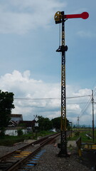 railroad tracks and semaphore signal towers