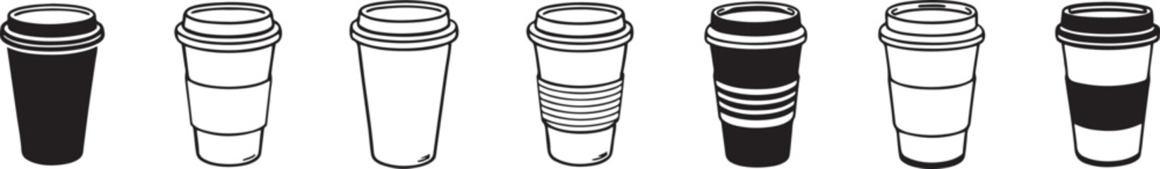 Hand Drawn Coffee Cups with Holiday and Winter Designs, Festive Seasonal Takeaway Mug Collection in Black and White Illustration.