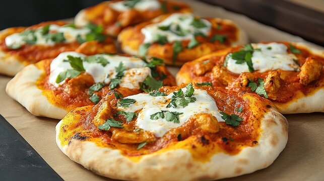 A gourmet pizza menu with Indian butter chicken toppings and mozzarella-infused naan crusts