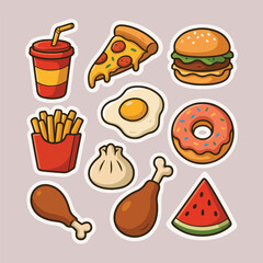 Colorful sticker vector illustrations for fast food and snack designs