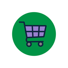 Shopping cart icon on a green background, a simple symbol for various shopping activities. Vector illustration