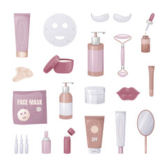 Set of skincare beauty products and tools