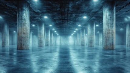Grungy, concrete, dimly lit underground parking garage