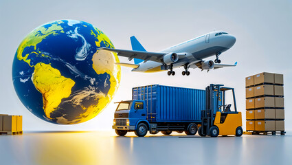 3D Render of Global Freight Logistics with Cargo Plane, Shipping Truck, Forklift, Cardboard Boxes, and Earth Globe Representing International Trade and Delivery Network