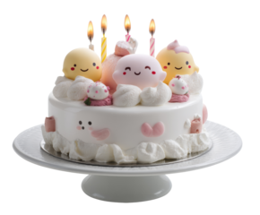 Delightful birthday cake with cute decorations and candles, cut out transparent