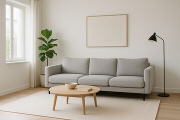 Gray couch and wooden coffee table in living room, with a colorful painting on the wall above the couch.