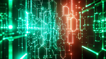 Obraz premium Digital circuit network with glowing green and red futuristic technology background