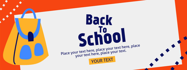 Back to school horizontal poster, web banner in trendy doodle style with geometric shapes, bag element and modern typography for college, education, study concept. Templates ads, branding, sale.