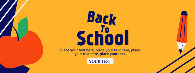 Back to school horizontal poster, web banner in trendy doodle style with geometric shapes, pencil element and modern typography for college, education, study concept. Templates ads, branding, sale.