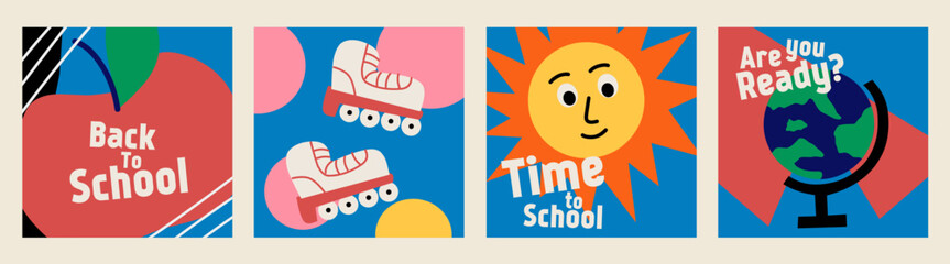 Set of Back to school cards. Flat style education icons, symbols, doodles on blue square background. Art collage, papers, hand drawn fun design elements. Bright colorful school subjects concept.