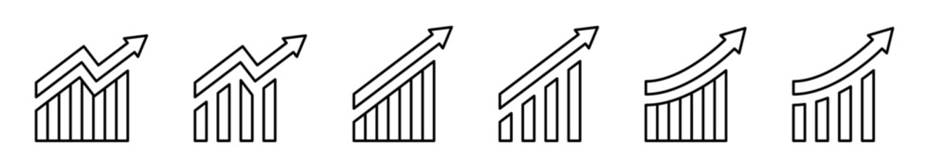 Conjunto de iconos de gráficas crecientes. Seis gráficas financieras ascendentes, negocio, tendencia. Ilustración vectorial