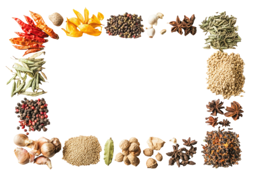 Colorful spice selection framed in a rectangle isolated on transparent background