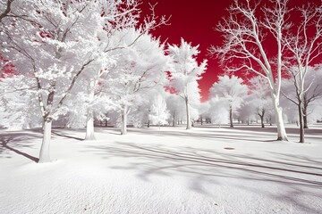 Snow-blanketed park with bare trees under a deep red sky, casting long shadows