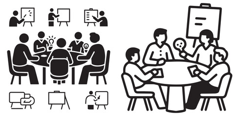 Black and white drawings of people working, collaborating, and presenting ideas.