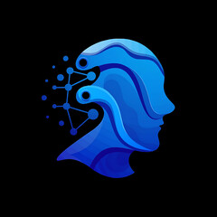 Modern abstract human head silhouette with network connection and gradient blue tones