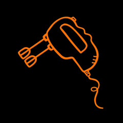 Orange outline illustration of an electric hand mixer isolated against a black background.