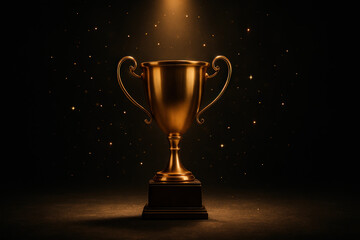 Golden trophy shining on black background.
