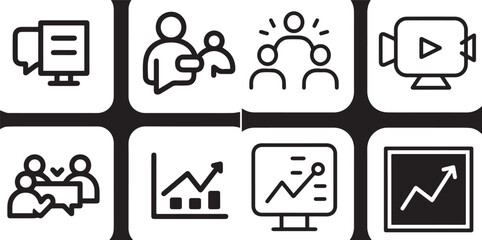 Black and white vector icons showcasing collaboration, teamwork, and business growth.