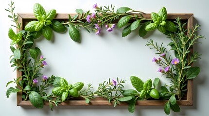 Fresh herbs frame with basil, thyme, oregano, and purple flowers. Ideal for culinary themes, natural food, and ingredient backgrounds.