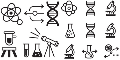Obraz premium Vector icons representing science equipment are displayed, such as flasks, test tubes, atoms, DNA, and microscopes.