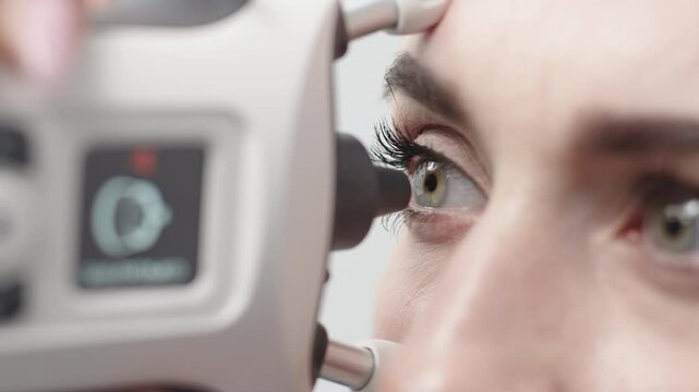 Close-up of eye pressure measurement with a modern applanation tonometer. Concept of ophthalmologic diagnostics and modern technologies.