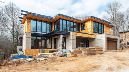 Modern Home Construction in Progress Amidst Scenic Natural Surroundings