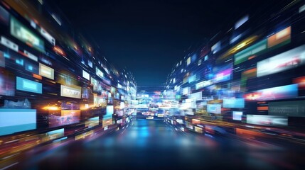 Abstract dynamic digital media and motion technology concept with flying television screens, streaming visuals, and blurred multimedia elements in air. Futuristic background for online streaming platf