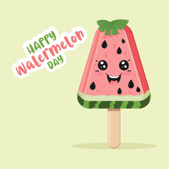Adorable Watermelon Ice Cream with Smiling Face – Vector Illustration for National Watermelon Day, Kids Decor, Summer Party and Seasonal Holiday Design