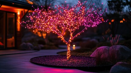 Illuminated tree, glowing pink lights, winter garden design