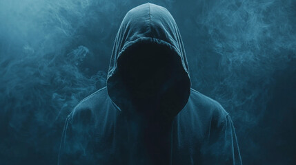 A hooded figure is standing in front of a blue background with smoke