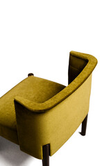Close up of an olive green modern armchair with brown legs on white. Please see some similar pictures from my portfolio