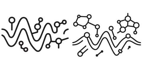 Stylized vector graphics use lines and circles to abstractly represent scientific concepts, such as molecules and waves.
