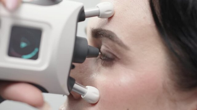 Close-up of eye pressure measurement with a modern applanation tonometer. Concept of ophthalmologic diagnostics and modern technologies.