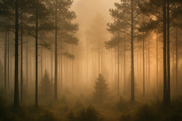 Obraz premium Trees covered in fog in a mesmerizing forest setting.