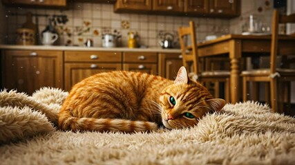Cozy Ginger Cat Lounging in Sunlit Rustic Kitchen - Powered by Adobe