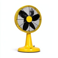 Yellow Desk Fan with Black Blades on White Background
