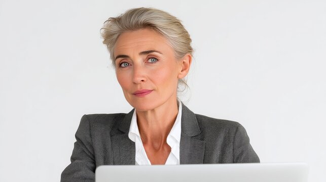 A serious businesswoman analyzing financial data on a laptop.